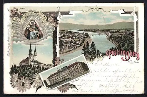 Lithographie Linz a.d.Donau, Gesamtansicht, Petrinum