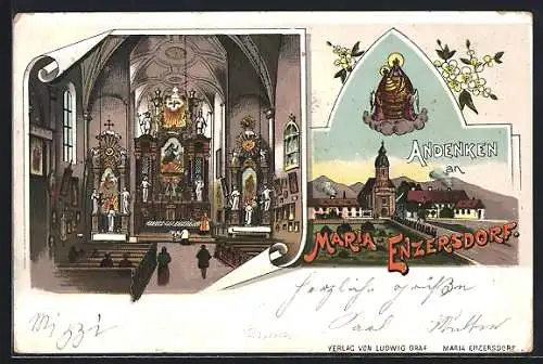 Lithographie Maria Enzersdorf, Wallfahrtskirche, Inneres der Kirche, Marienerscheinung