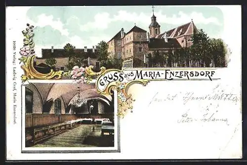 Lithographie Maria-Enzersdorf, Kirche, Aussen- und Innenansicht