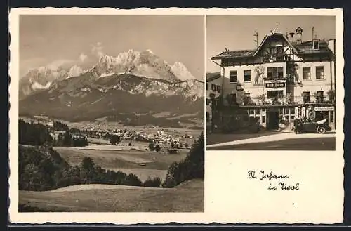 AK St. Johann /Tirol, Hotel Bären mit Tankstelle, Ortsansicht