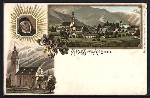 Lithographie Absam, Teilansicht, Kirche, Gnadenbild