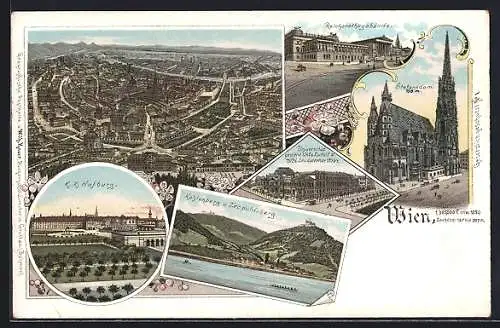 Lithographie Wien, Gesamtansicht, Stefansdom, Reichsrathsgebäude, K. K. Universität