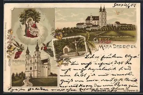 Lithographie Maria Dreieichen, Wallfahrtskirche, Bründl, Blick auf die Kirche, Gnadenmutter