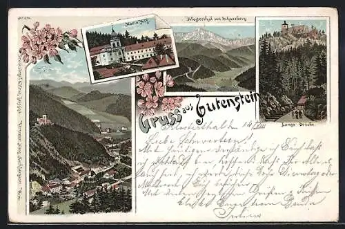 Lithographie Gutenstein, Kirche Maria Hilf, Klostertal mit Schneeberg, Lange Brücke