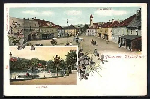 Lithographie Aspang, Hauptplatz und Teichpartie