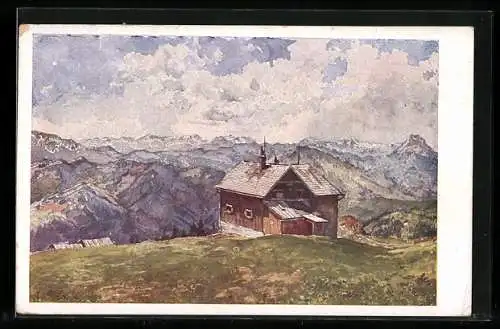 Künstler-AK E.F. Hofecker: Eduard F. Hofecker: Reisalpenhütte mit Wolkenpanorama