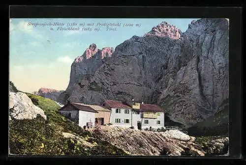 AK Stripsenjoch-Hütte /Tirol, Blick gegen Fleischbank und Predigtstuhl