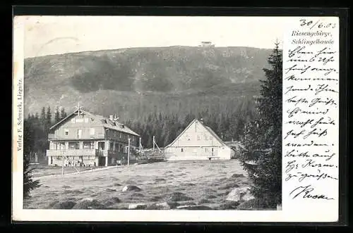 AK Schlingelbaude /Riesengebirge, Blick gegen Felshänge