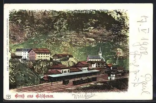 Lithographie Göschenen, Blick zum Bahnhof