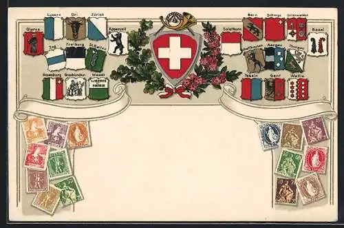 Präge-AK Schweiz, Wappen der Kantone, Briefmarken, Posthorn