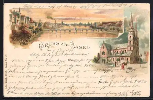 Lithographie Basel, Kirche und Flusspartie mit Brücken