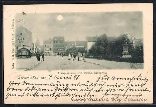 AK Zweibrücken, Hauptstrasse mit Bismarkdenkmal, Kiosk