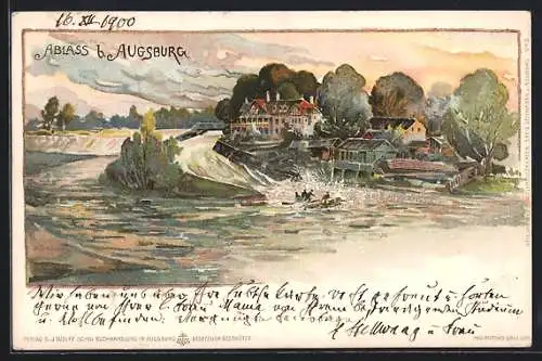 Lithographie Augsburg, Flösser hinter dem Wehr