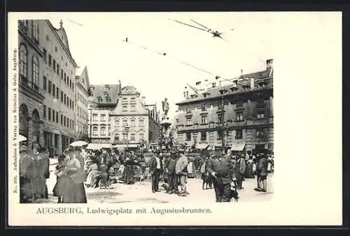 AK Augsburg, Ludwigsplatz mit Augustusbrunnen, Marktbetrieb