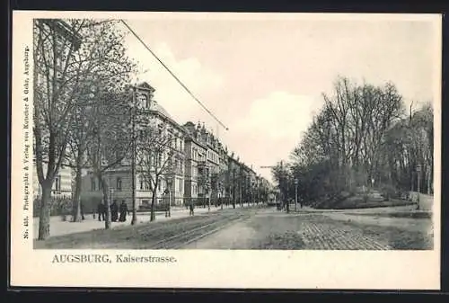 AK Augsburg, Kaiserstrasse mit Abzweig in eine Allee, Strassenbahn