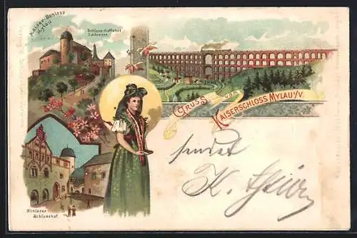 Lithographie Mylau, Kaiser-Schloss, Göltzschtalbrücke