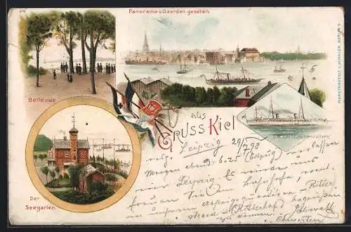 Lithographie Kiel, Panorama v. Gaarden gesehen, Bellevue, Der Seegarten