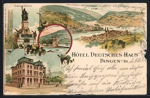 Lithographie Bingen /Rhein, Ortsansicht, Hôtel Deutsches Haus, Niederwald Denkmal