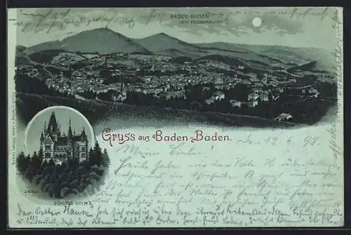 Mondschein-Lithographie Baden-Baden, Schloss Solms, Gesamtansicht mit Bergpanorama