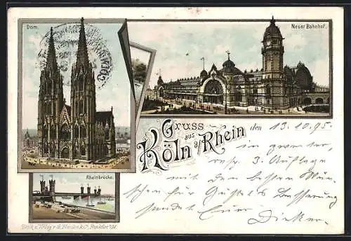 Vorläufer-Lithographie Köln, 1895, Dom, Neuer Bahnhof und Rheinbrücke