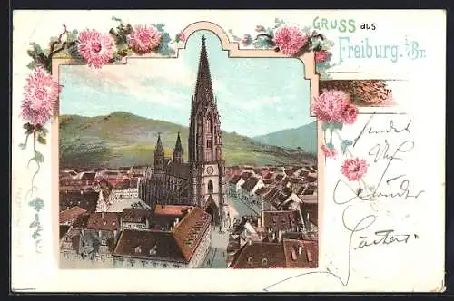 Lithographie Freiburg i. Br., Teilansicht mit Münster und Bergpanorama, Blumen-Ranke