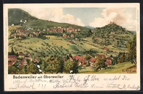 Künstler-AK Badenweiler, Ortsansicht mit Oberweiler