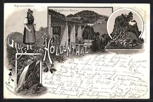 Lithographie Höllenthal / bad. Schwarzwald, Viadukt beim Sternen, Ravennafelsen, Schwarzwälderin in Tracht