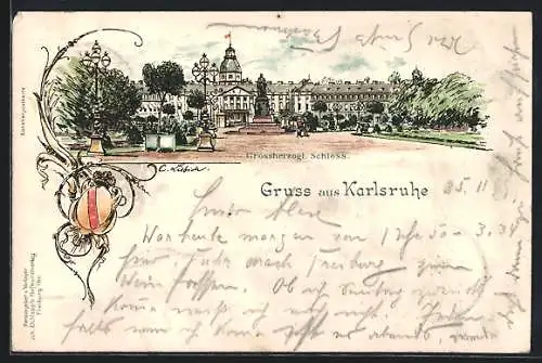 Lithographie Karlsruhe, Grossherzogl. Schloss mit Statue und Anlagen, Wappen