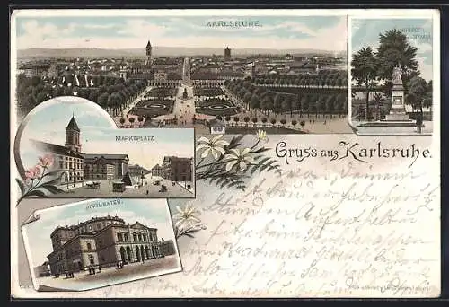 Lithographie Karlsruhe, Kriegerdenkmal, Hoftheater, Marktplatz und Total