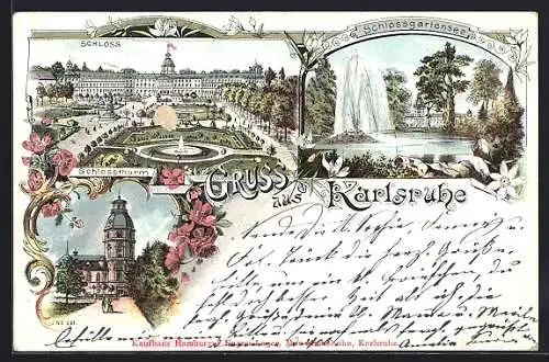 Lithographie Karlsruhe, Schloss mit Garten, Schlossturm, Schlossgartensee