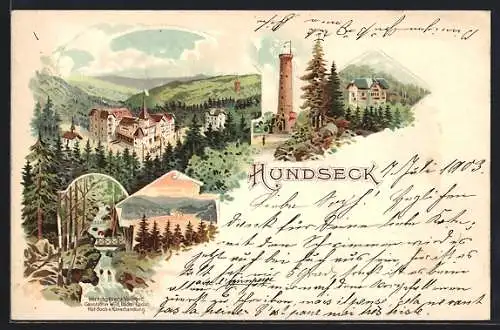 Lithographie Hundseck, Ortspartie, Turm, Brücke