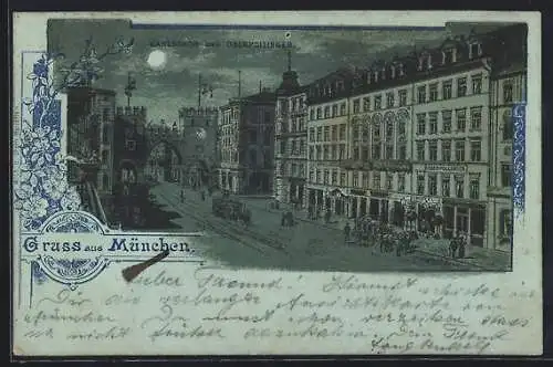 Mondschein-Lithographie München-Au, Karlstor und Hotel Oberpollinger mit Strasse aus der Vogelschau, Pferdebahn