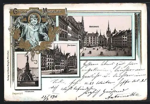 Lithographie München-Au, Neues Rathaus, Marienplatz, Fischbrunnen, Münchner Kindl