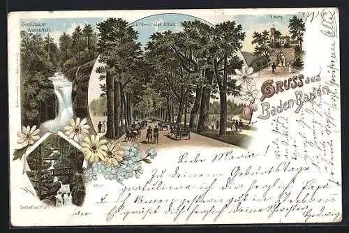 Lithographie Baden-Baden, Gertelbachfall, Yburg und Geroldsauer Wasserfall