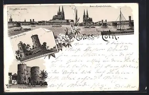 Lithographie Cöln, Alte Boltmühle, Hahnenthor, Dom und Bahnbrücke, Ortsansicht von Deutz aus