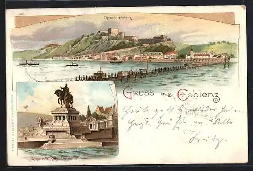 Lithographie Koblenz, Ehrenbreitstein mit Brücke, Kaiser Wilhelm Denkmal