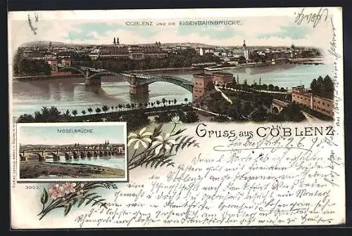 Lithographie Coblenz, Gesamtansicht mit der Eisenbahnbrücke