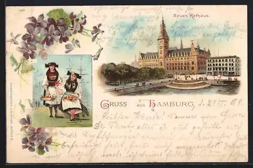 Lithographie Hamburg, Blick auf das Neue Rathaus, Damen in Hamburger Tracht am Hafen