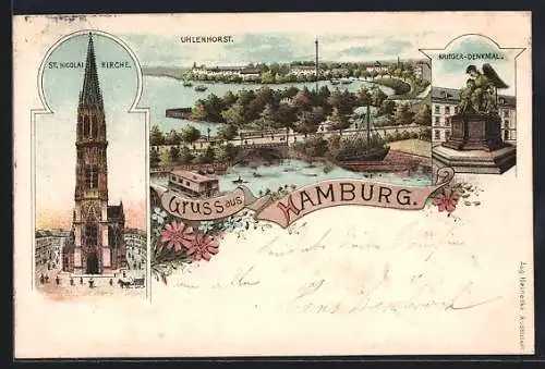 Lithographie Hamburg-Uhlenhorst, Krieger-Denkmal, St. Nicolai-Kirche