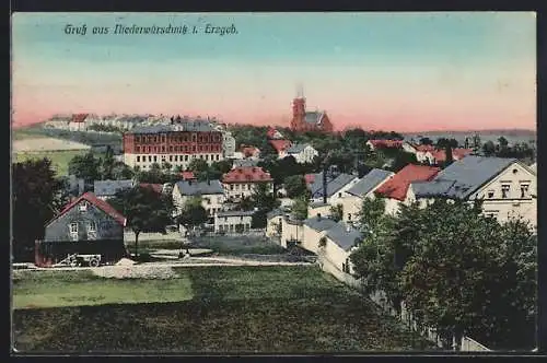 AK Niederwürschnitz /Erzgeb., Ortsansicht mit Feldern u. Kirche aus der Vogelschau