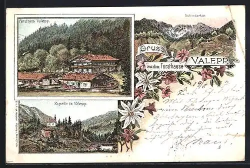 Lithographie Schliersee, Forsthaus u. Gasthaus Valepp, Kapelle, Schinderkar