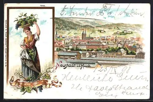 Lithographie Neustadt a. d. Haardt, Ortsansicht, Frau mit Korb