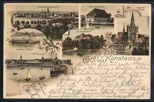 Lithographie Konstanz, Münster, Bodensee Dampfer, Landungssteg