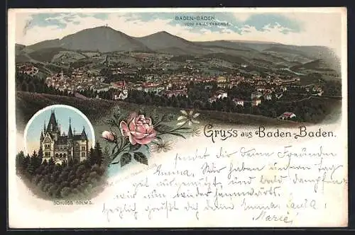 Lithographie Baden-Baden, Schloss Solms, Panorama vom Friesenberg gesehen