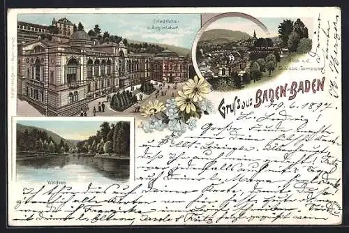 Lithographie Baden-Baden, Friedrichs- und Augustusbad, Blick von der Terrasse, Waldsee um 1900