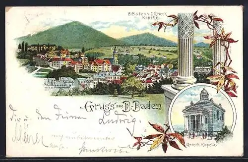 Lithographie Baden-Baden, Griechische Kapelle, Blick auf die Stadt