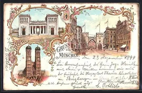 Lithographie München-Au, Karlstor, Propyläen, Frauenkirche