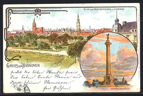 Lithographie Hannover, Blick auf Friedrichswall und Altstadt, Waterloosäule