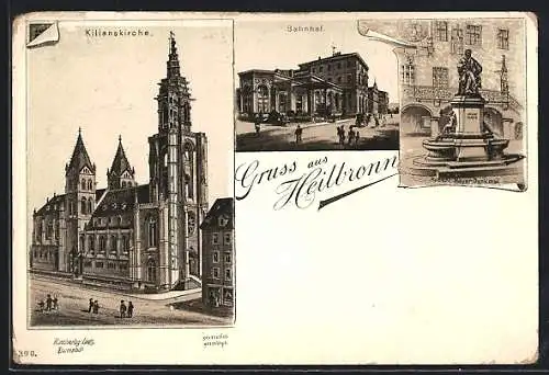 Lithographie Heilbronn, Kilianskirche, Bahnhof und Robert Mayer Denkmal