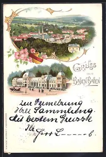 Lithographie Baden-Baden, Bahnhof und Gesamtansicht